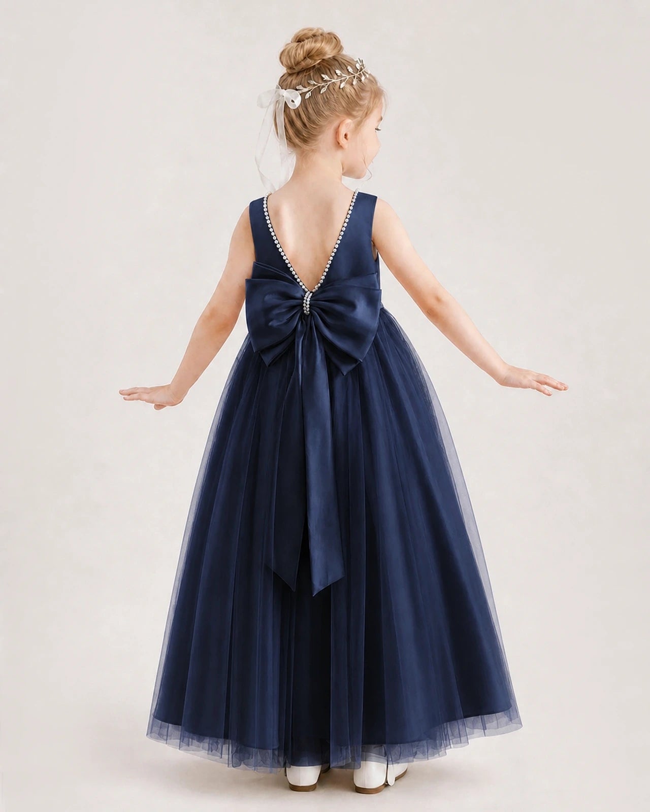 Navy Blue Satin and Tulle A-Line Flower Girl Dresses Back View