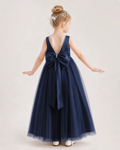 Navy Blue Satin and Tulle A-Line Flower Girl Dresses Back View