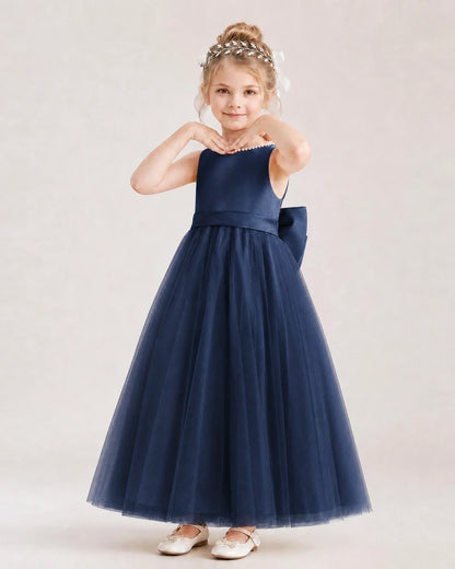 Navy Blue Satin and Tulle A-Line Flower Girl Dresses Front View
