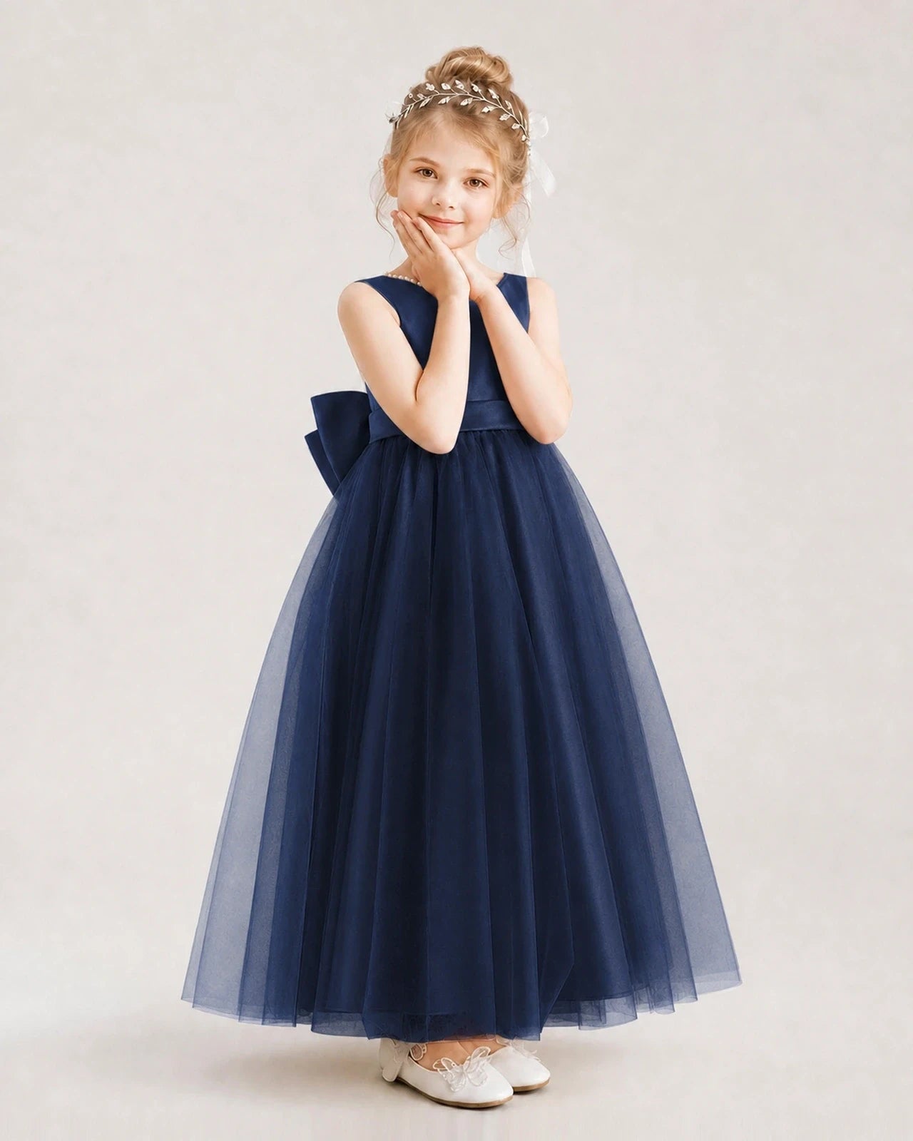 Navy Blue Satin And Tulle A-Line Flower Girl Dresses