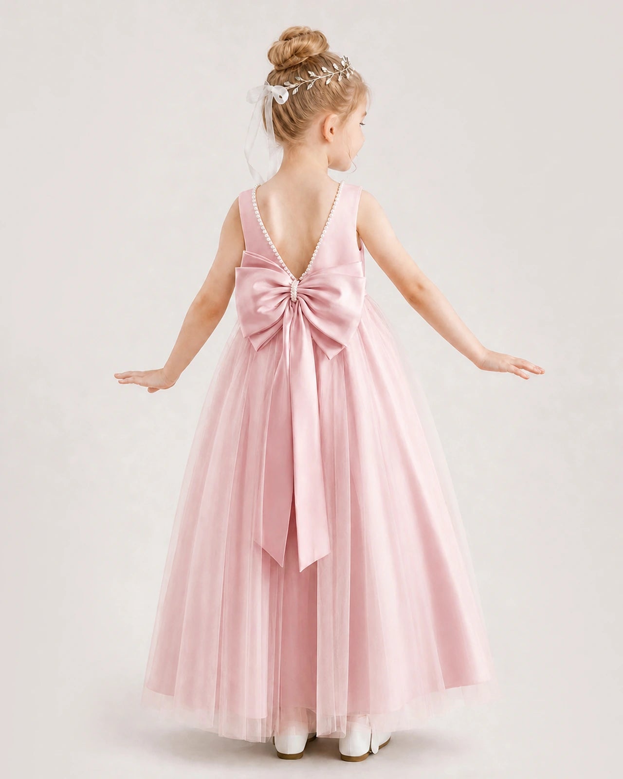 Pink Satin and Tulle V-Back Bow Flower Girl Dresses Back View