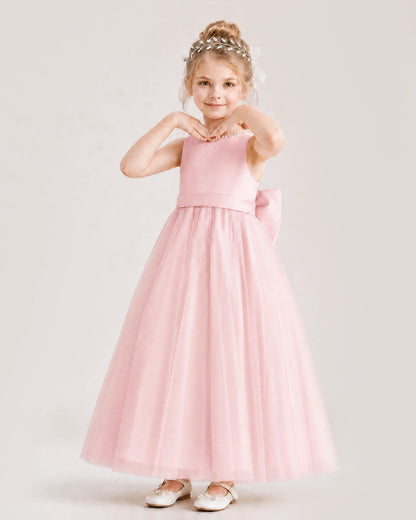 Pink Satin and Tulle A-Line Flower Girl Dresses Front View