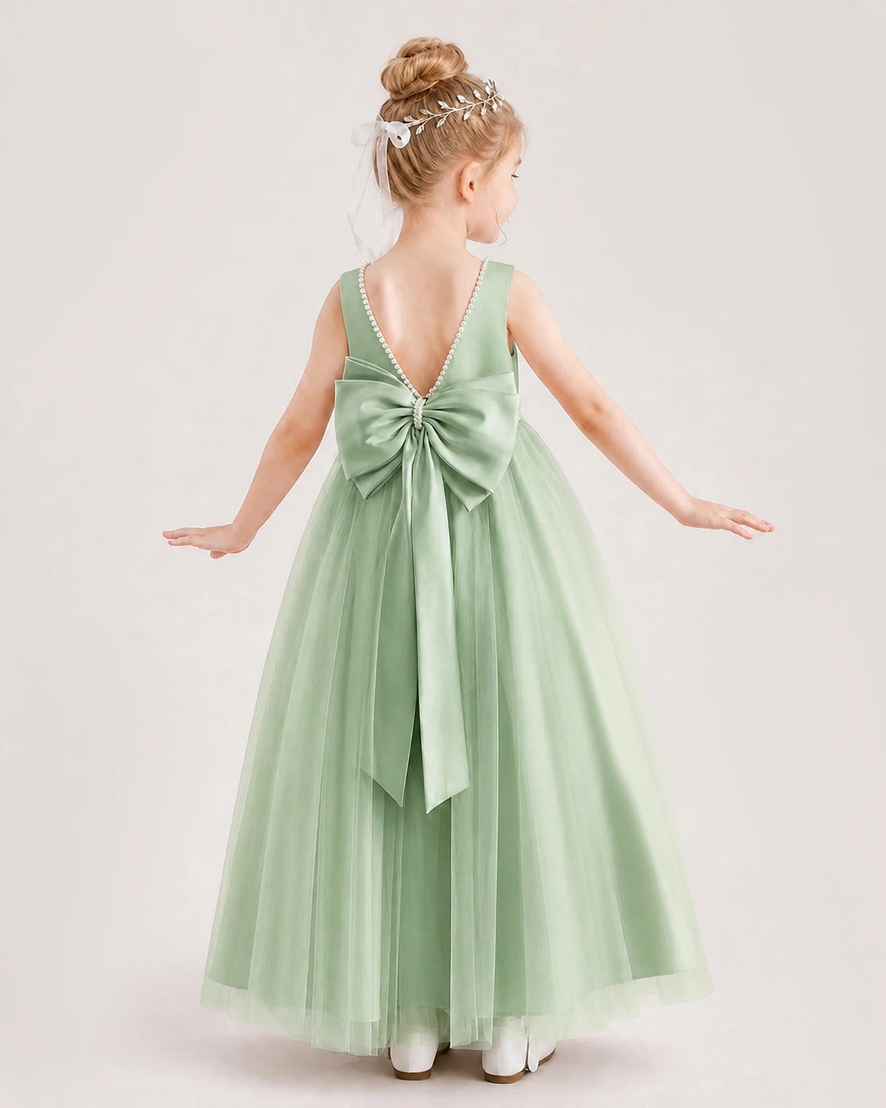 Sage Green Satin and Tulle Bow Back Flower Girl Dress Back View
