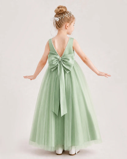 Sage Green Satin and Tulle Bow Back Flower Girl Dress Back View