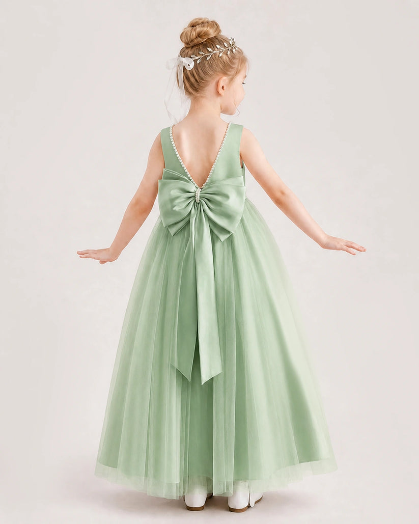 Sage Green Satin and Tulle Bow Back Flower Girl Dress Back View