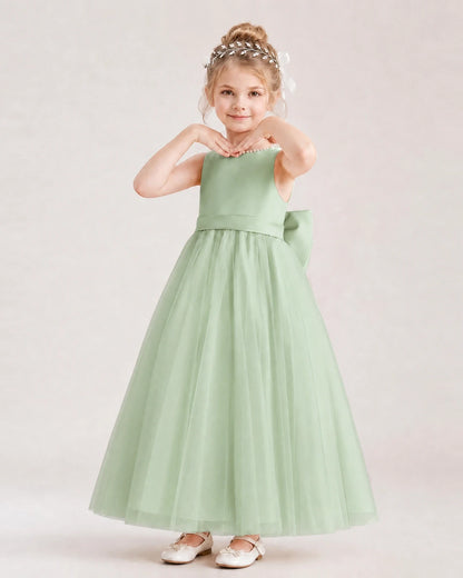 Sage Green Satin and Tulle A-Line Flower Girl Dresses Front View