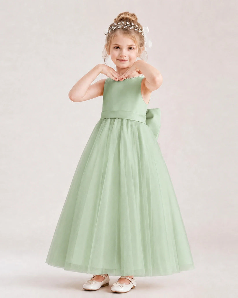 Sage Green Satin and Tulle A-Line Flower Girl Dresses Front View