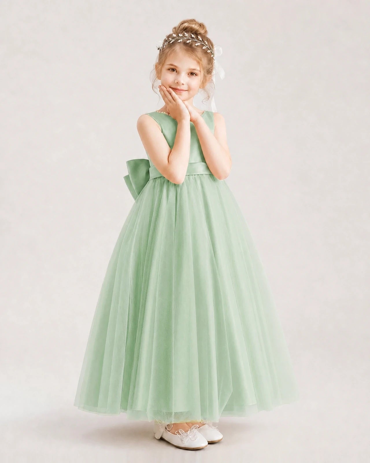 Sage Green Satin and Tulle A-Line Flower Girl Dress