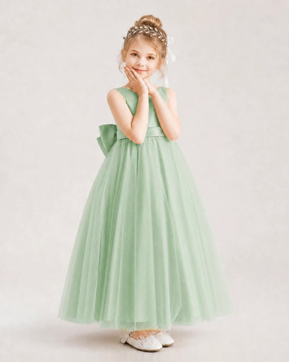 Sage Green Satin and Tulle A-Line Flower Girl Dress