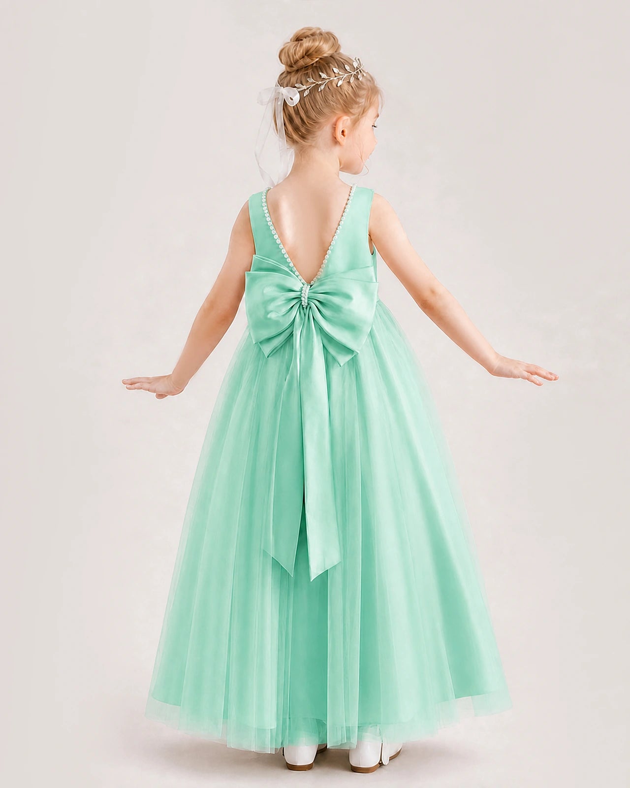 Turquoise Satin and Tulle V-Back Bow Flower Girl Dress Back View