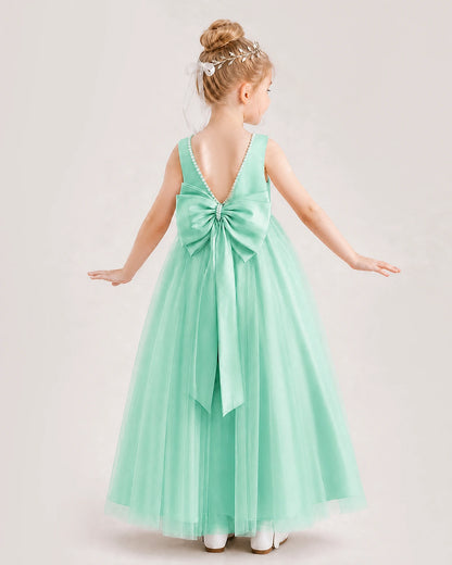 Turquoise Satin and Tulle V-Back Bow Flower Girl Dress Back View