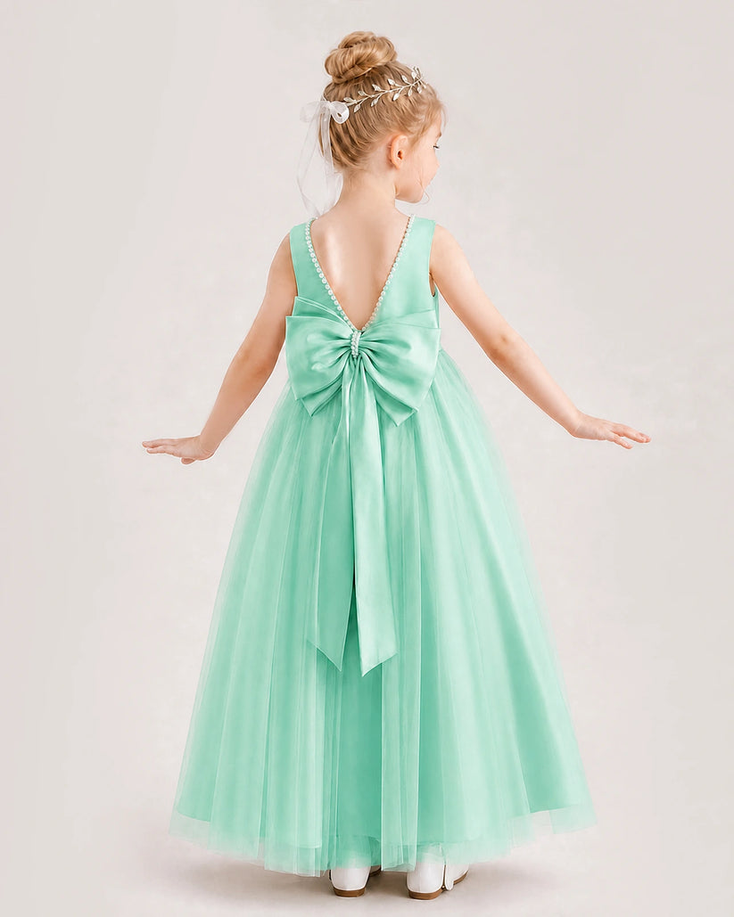 Turquoise Satin and Tulle V-Back Bow Flower Girl Dress Back View