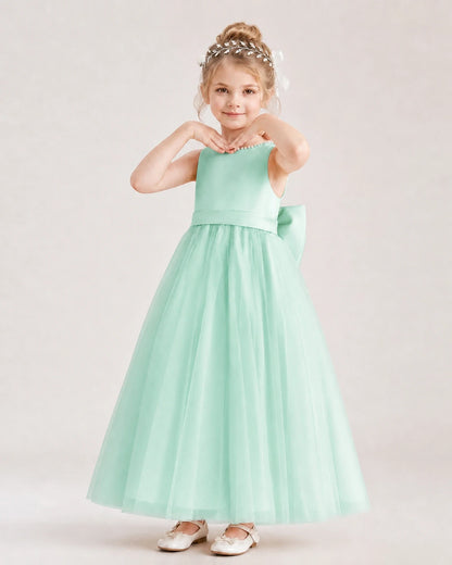 Turquoise Satin and Tulle A-Line Flower Girl Dresses Front View