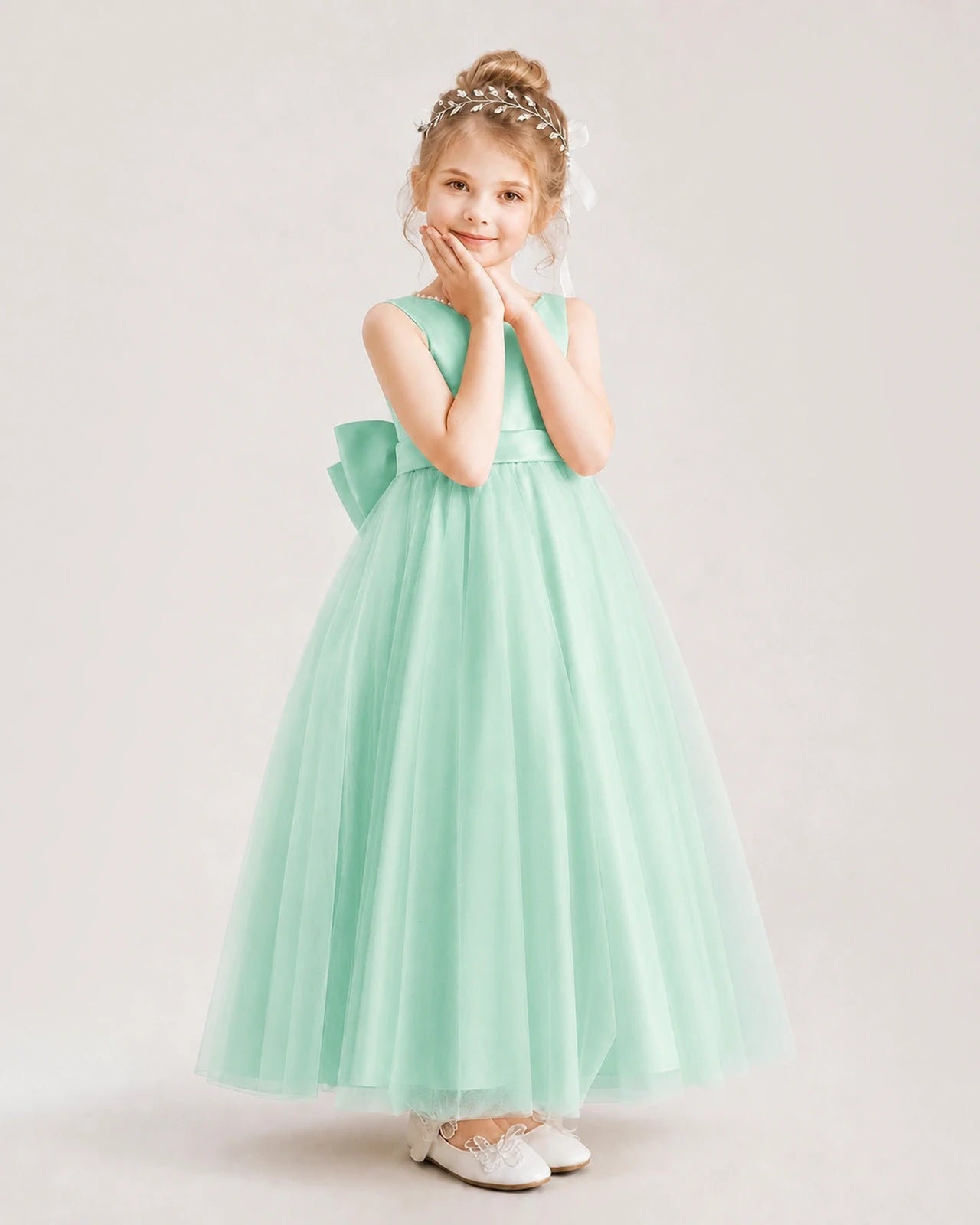 Turquoise Satin and Tulle A-Line Flower Girl Dress