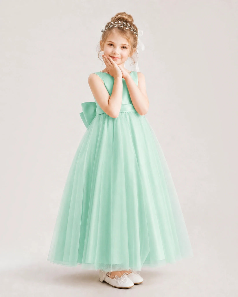 Turquoise Satin and Tulle A-Line Flower Girl Dress