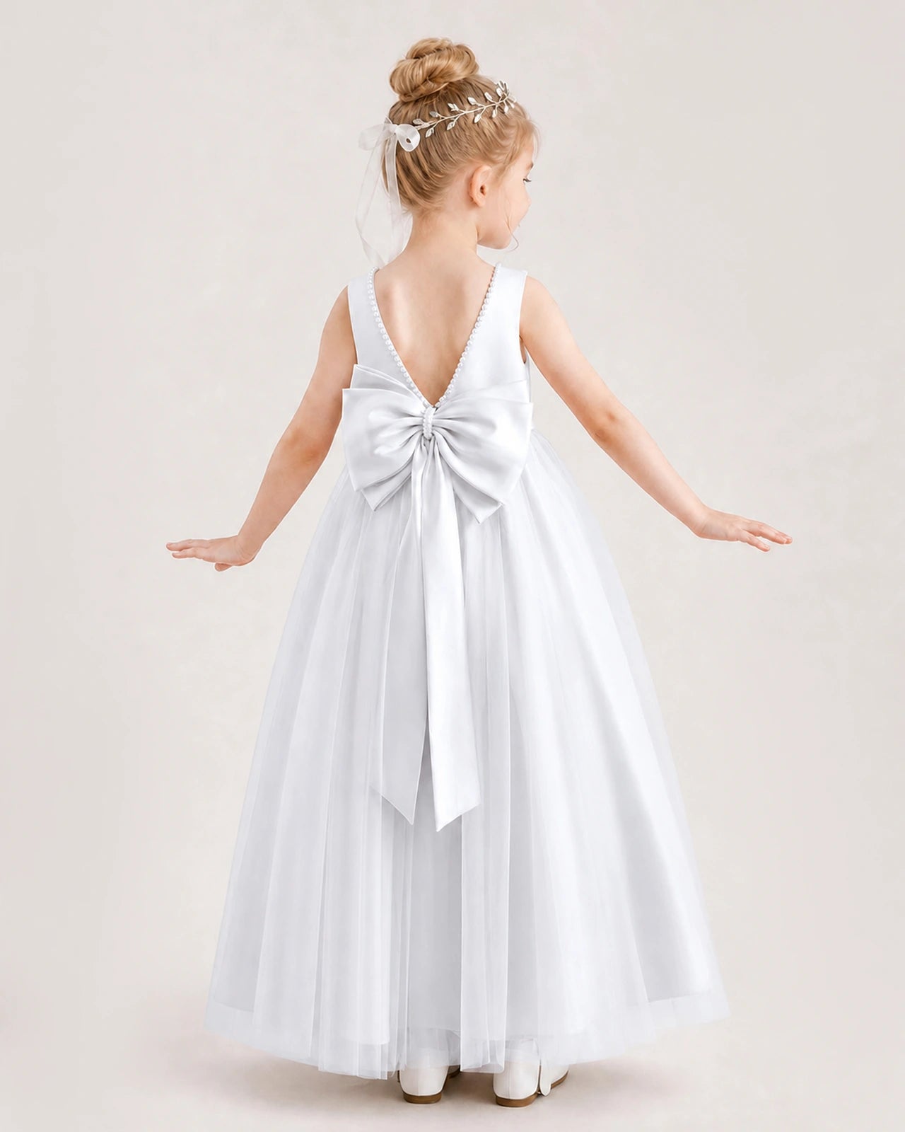 White Satin and Tulle A-Line Flower Girl Dress Back View