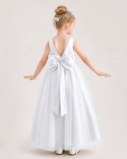White Satin and Tulle A-Line Flower Girl Dress Back View