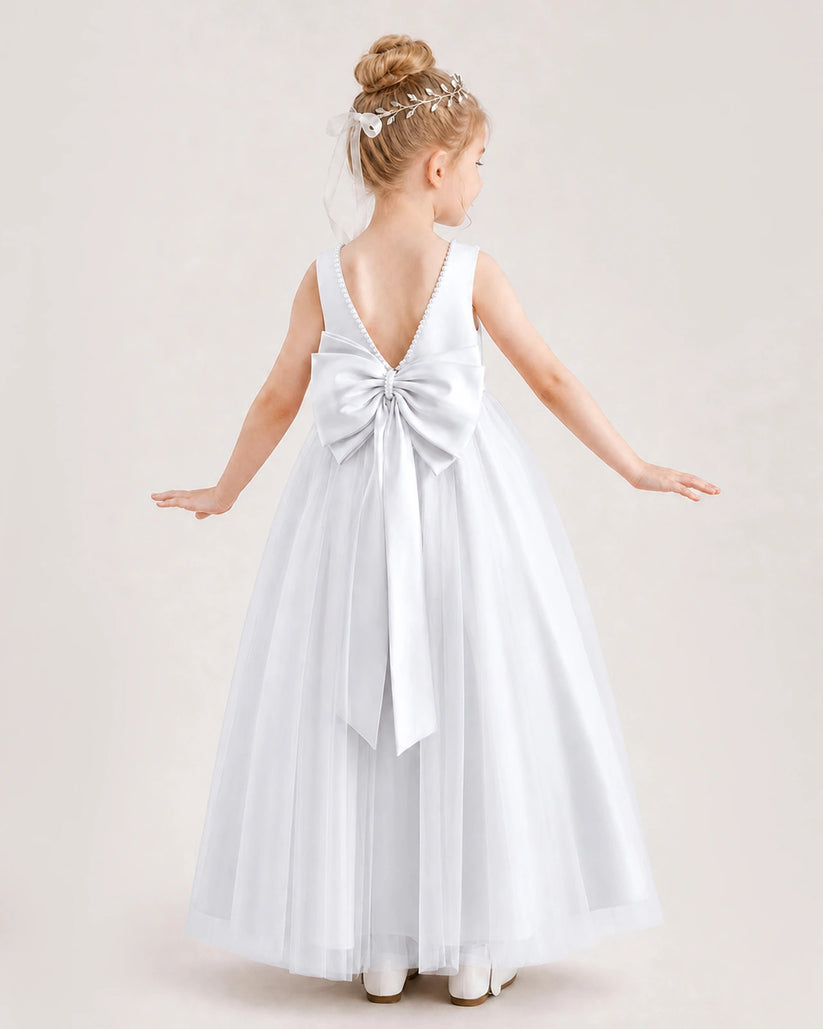 White Satin and Tulle A-Line Flower Girl Dress Back View