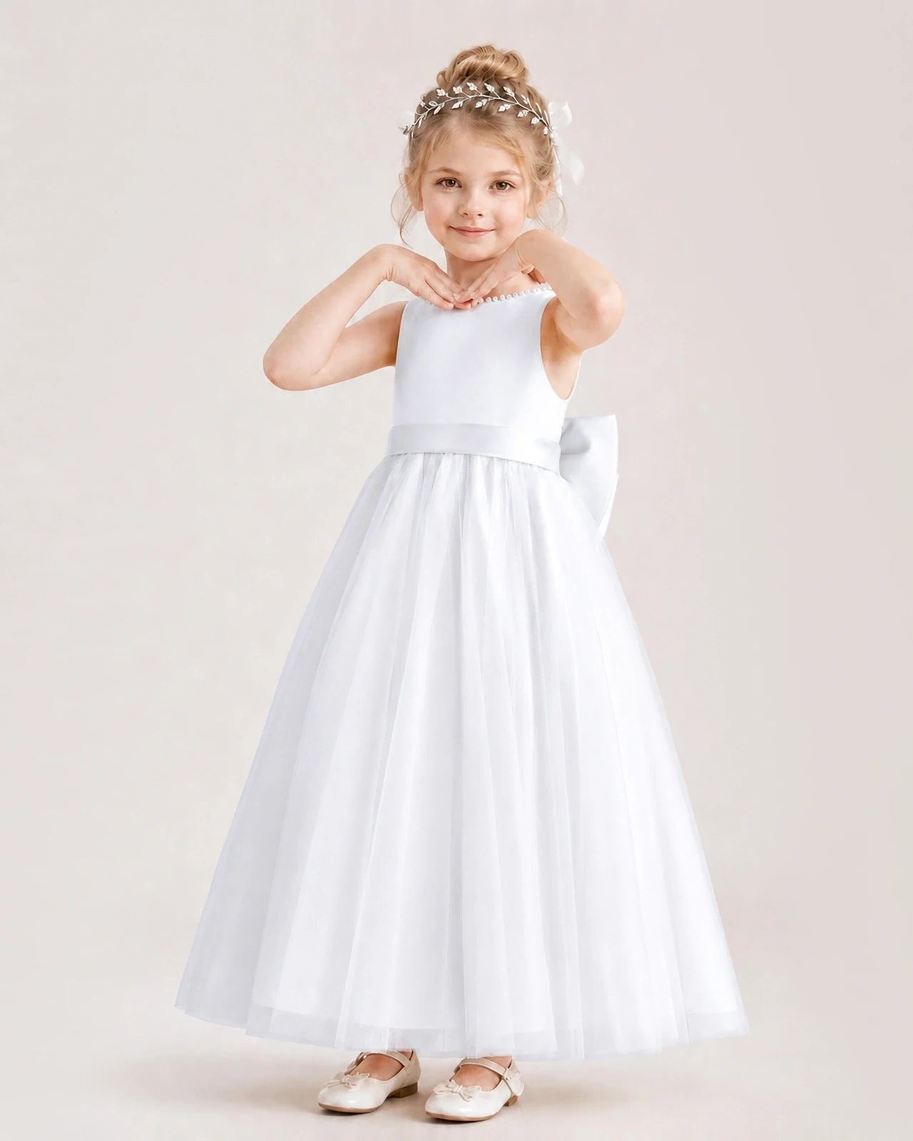 White Satin and Tulle A-Line Flower Girl Dresses Front View