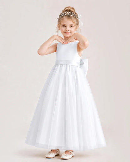 White Satin and Tulle A-Line Flower Girl Dresses Front View