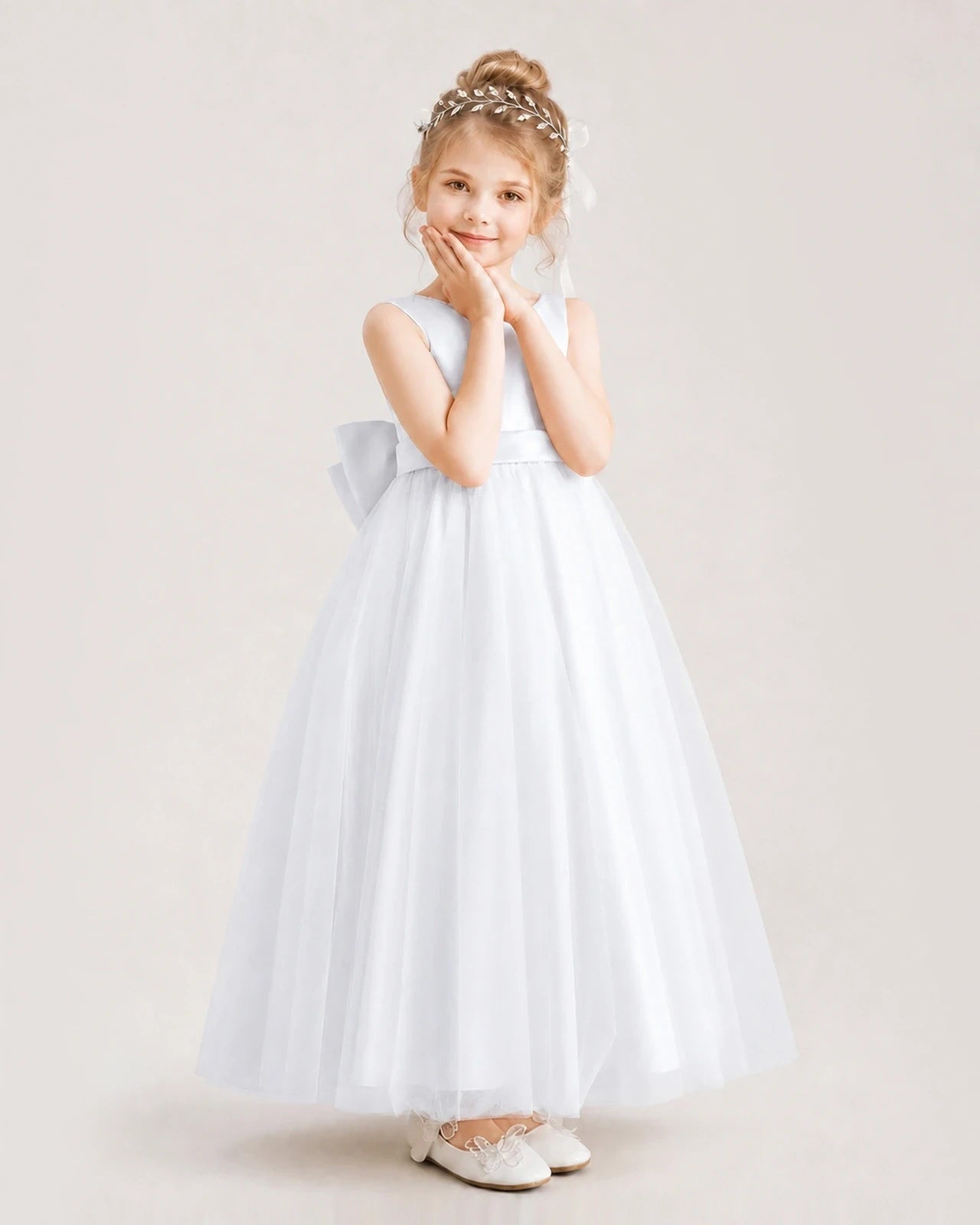 White Satin and Tulle A-Line Flower Girl Dresses