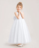 White Satin and Tulle A-Line Flower Girl Dresses