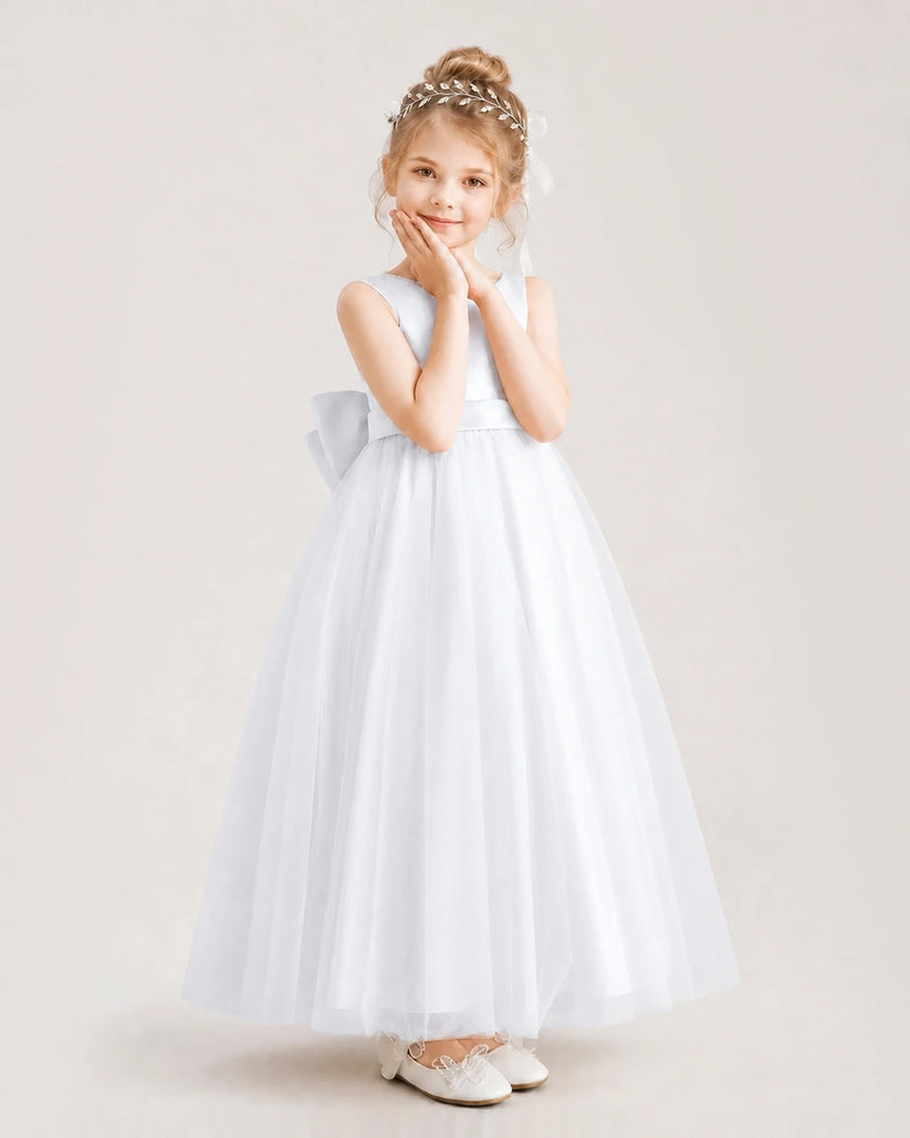 White Satin and Tulle A-Line Flower Girl Dresses