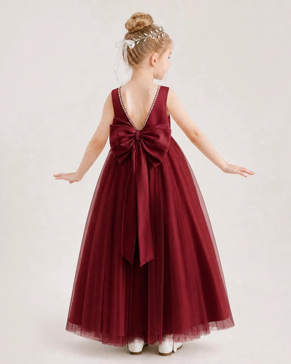 Windred Satin Tulle Bow A-Line Flower Girl Dresses Back View