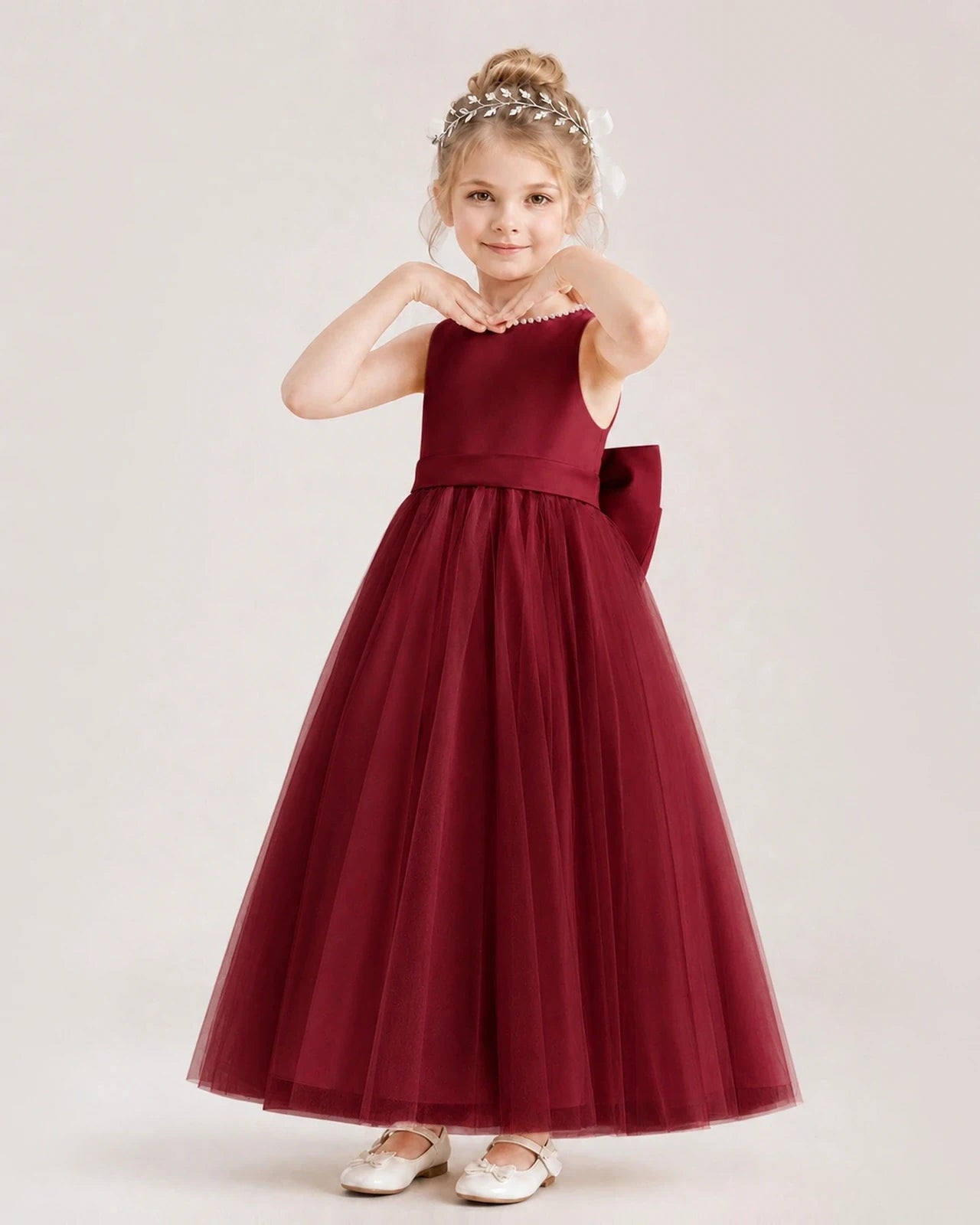 Burgundy Satin Tulle A-Line Flower Girl Dresses Front View