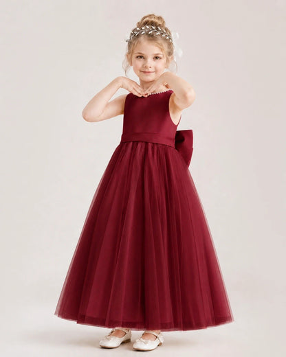 Burgundy Satin Tulle A-Line Flower Girl Dresses Front View