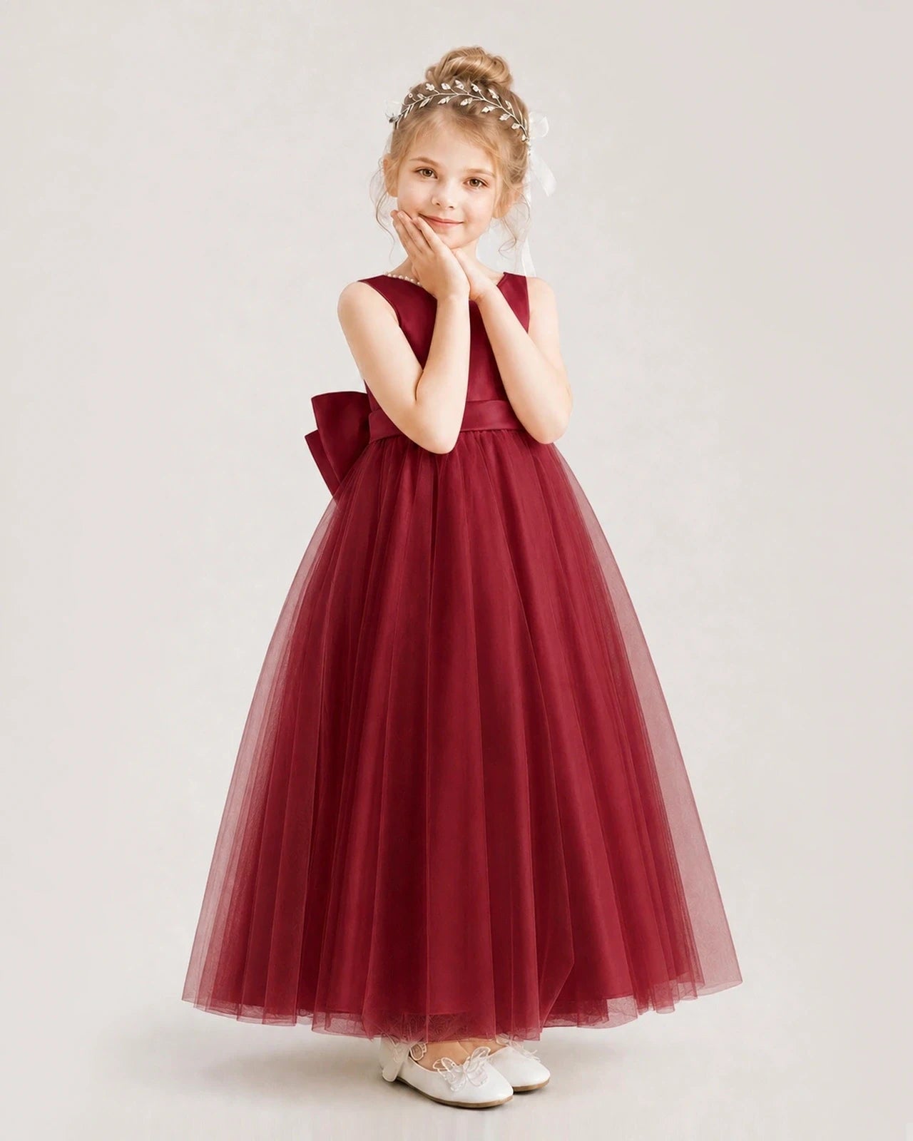 Wine red Satin and Tulle A-line Flower Girl Dresses