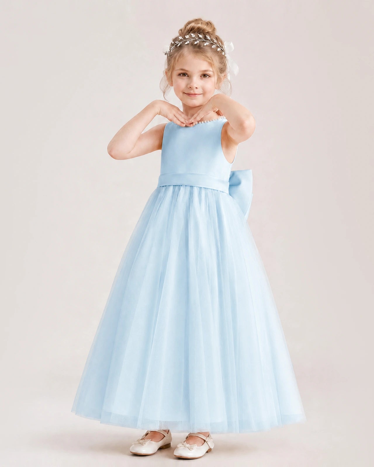 Baby Blue Flower Girl Dress Pearl Trim Satin Bow Tulle Princess Ball Gown Front Full View