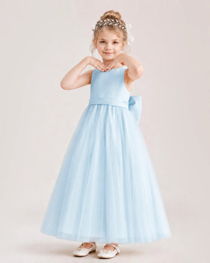 Baby Blue Flower Girl Dress Pearl Trim Satin Bow Tulle Princess Ball Gown Front Full View