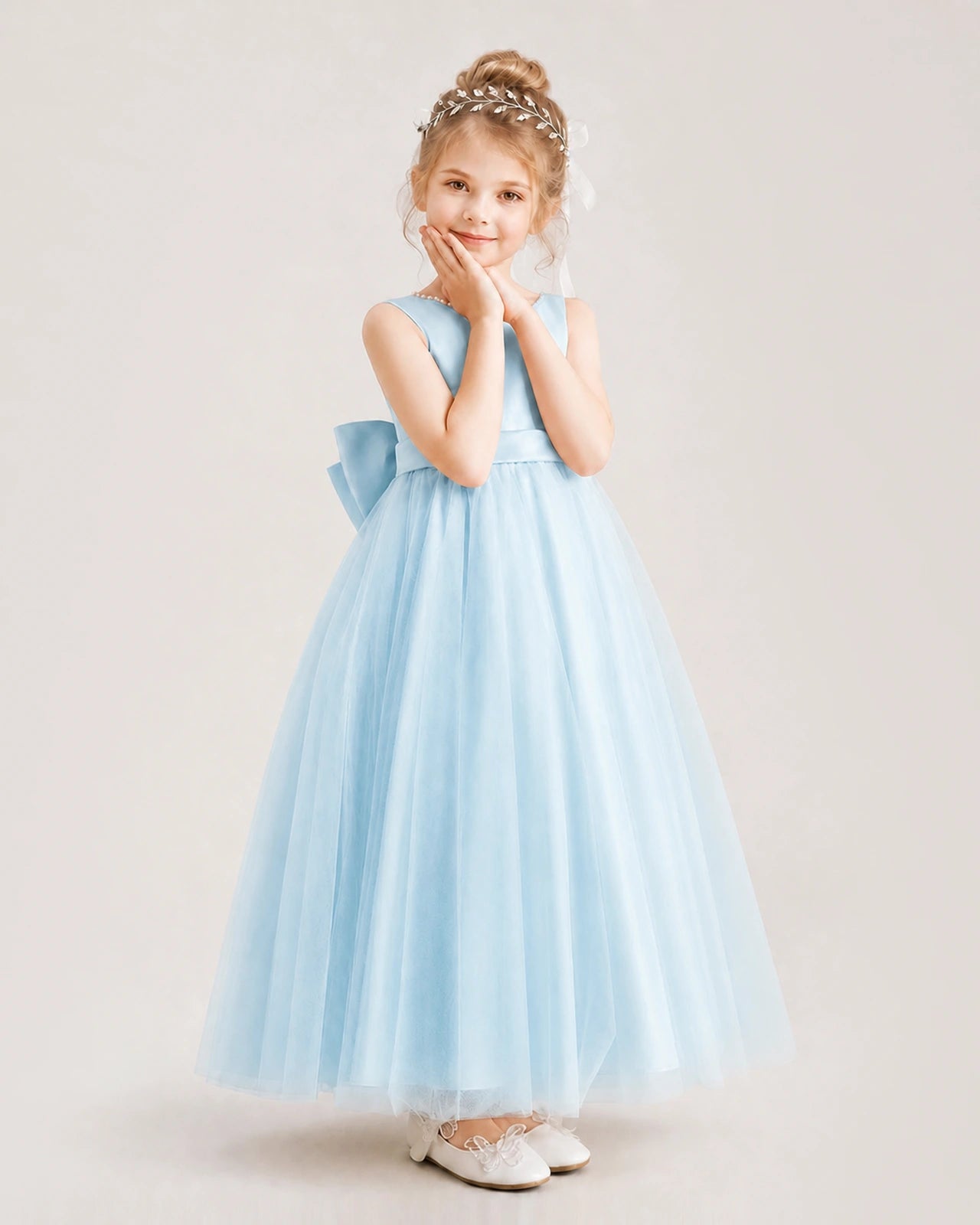Baby Blue Flower Girl Dress Pearl Trim Satin Bow Tulle Princess Ball Gown Front Full View