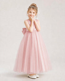 BlushPink Flower Girl Dress Pearl Trim Satin Bow Tulle Princess Ball Gown Front Full View