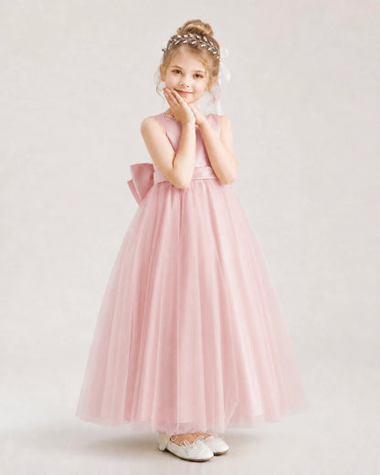 BlushPink Flower Girl Dress Pearl Trim Satin Bow Tulle Princess Ball Gown Front Full View