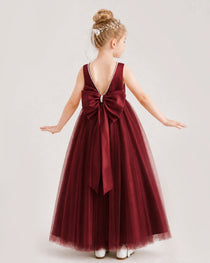 Burgundy Flower Girl Dress Pearl Trim Satin Bow Tulle Princess Ball Gown Back Full View