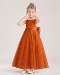 Burnt Orange Flower Girl Dress Pearl Trim Satin Bow Tulle Princess Ball Gown Front Full View