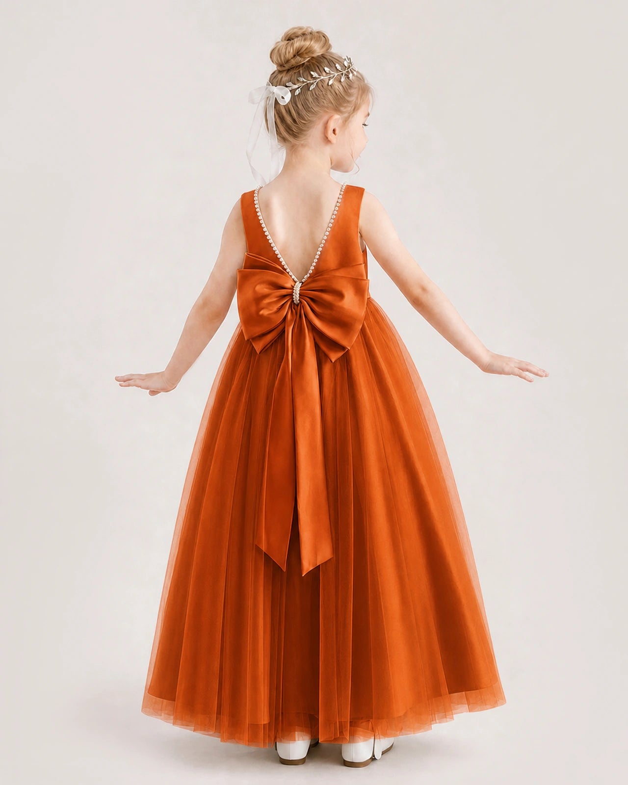 Burnt Orange Flower Girl Dress Pearl Trim Satin Bow Tulle Princess Ball Gown Back Full View