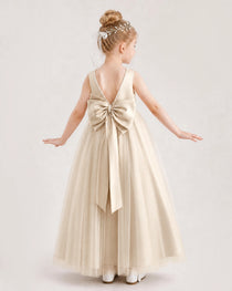 Champagne Flower Girl Dress Pearl Trim Satin Bow Tulle Princess Ball Gown Back Full View