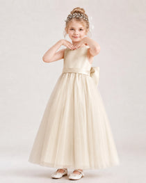 Champagne Flower Girl Dress Pearl Trim Satin Bow Tulle Princess Ball Gown Front Full View