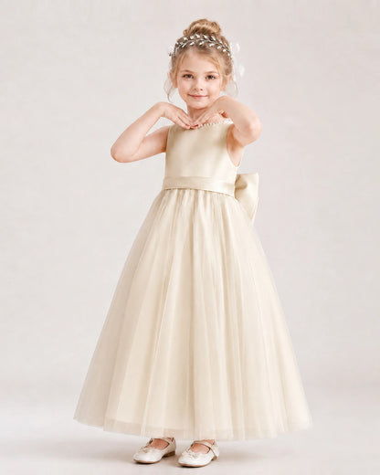 Champagne Flower Girl Dress Pearl Trim Satin Bow Tulle Princess Ball Gown Front Full View