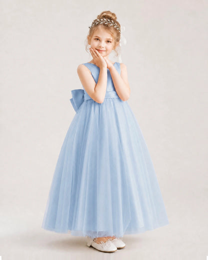 Dusty Blue Flower Girl Dress Pearl Trim Satin Bow Tulle Princess Ball Gown Front Full View