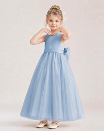 Dusty Blue Flower Girl Dress Pearl Trim Satin Bow Tulle Princess Ball Gown Front Full View
