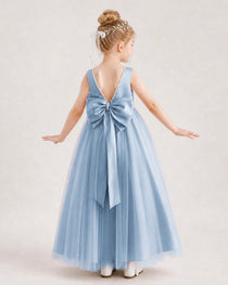 Dusty Blue Flower Girl Dress Pearl Trim Satin Bow Tulle Princess Ball Gown Back Full View