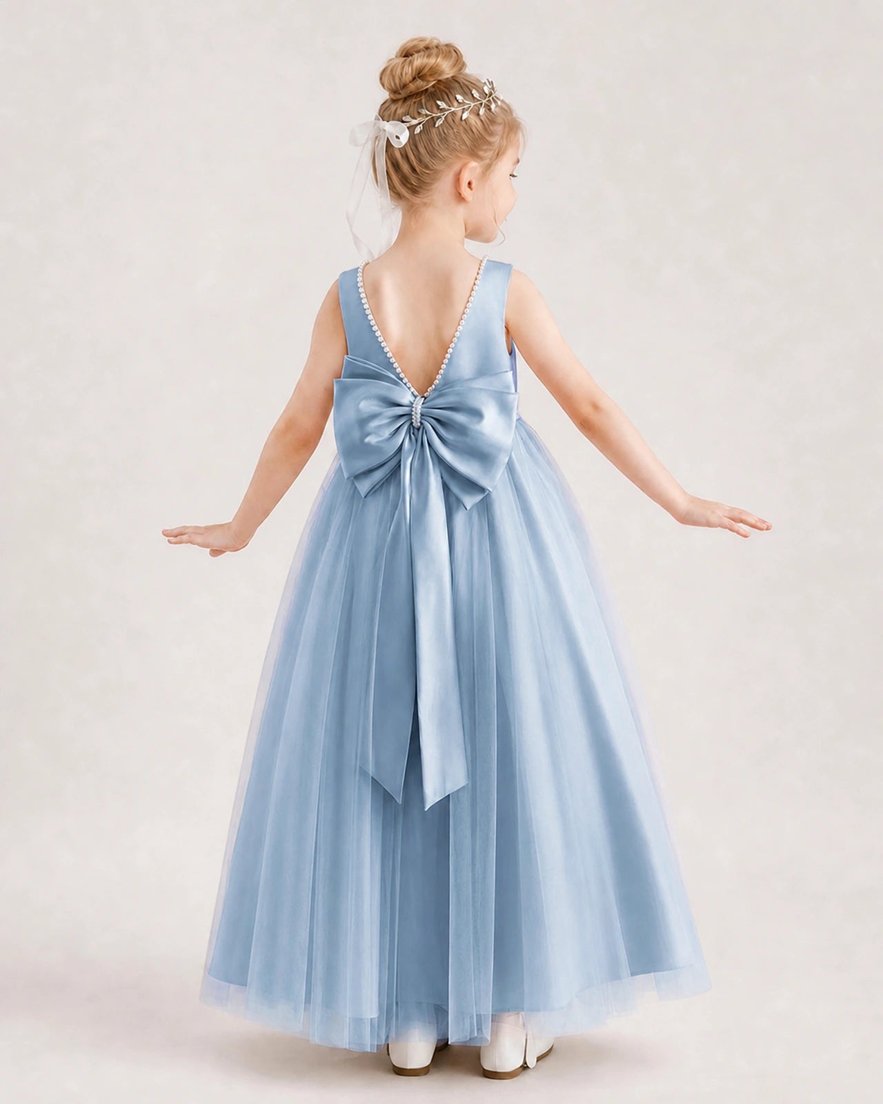 Dusty Blue Flower Girl Dress Pearl Trim Satin Bow Tulle Princess Ball Gown Back Full View