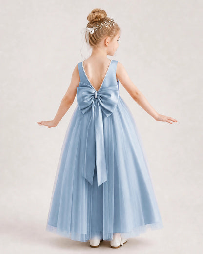 Dusty Blue Flower Girl Dress Pearl Trim Satin Bow Tulle Princess Ball Gown Back Full View