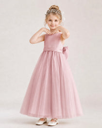Dusty Rose Flower Girl Dress Pearl Trim Satin Bow Tulle Princess Ball Gown Front Full View