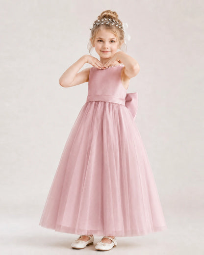 Dusty Rose Flower Girl Dress Pearl Trim Satin Bow Tulle Princess Ball Gown Front Full View