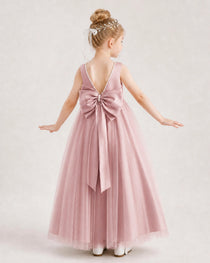 Dusty Rose Flower Girl Dress Pearl Trim Satin Bow Tulle Princess Ball Gown Back Full View